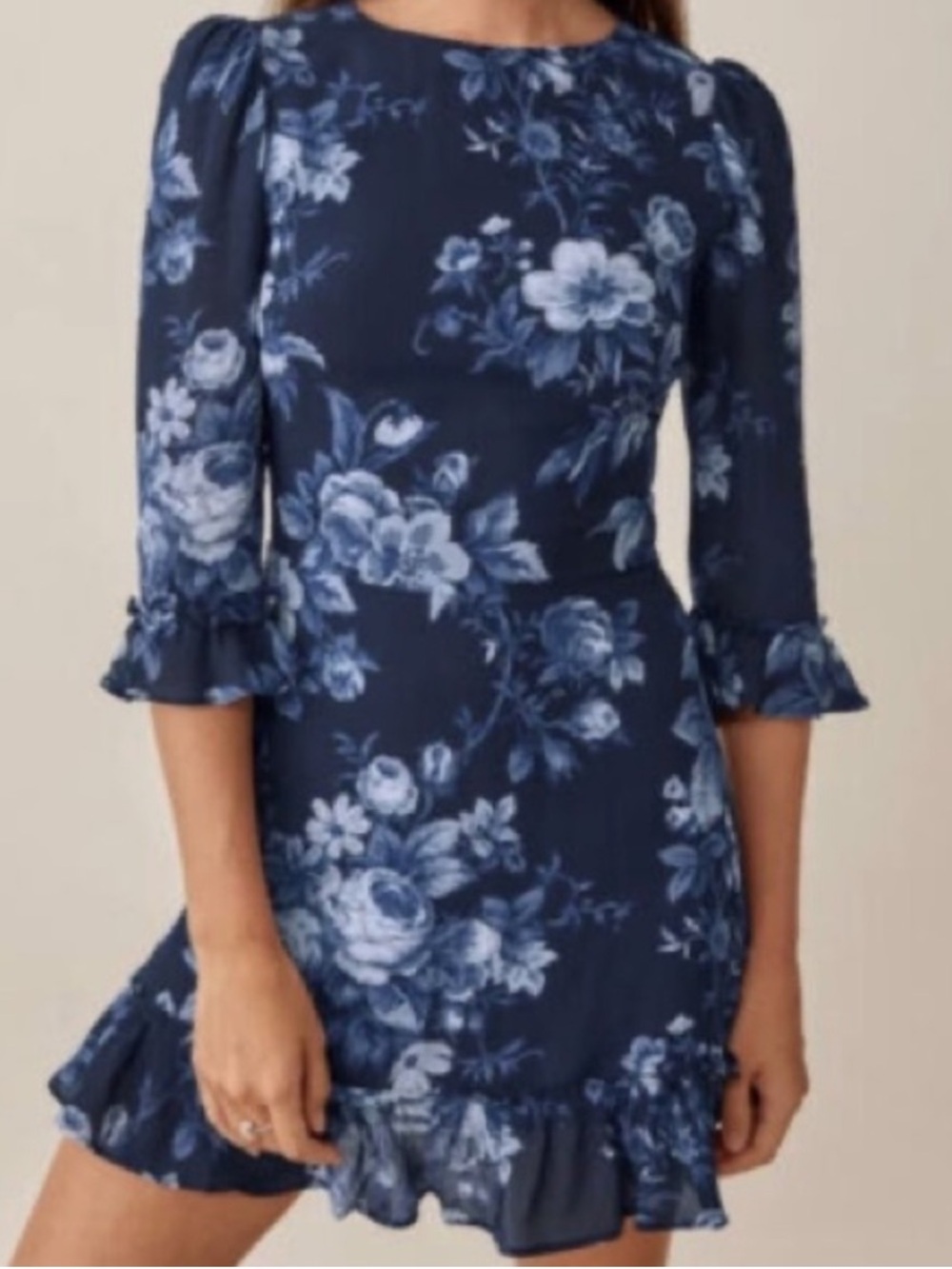 Reformation Doutzen Lottie Navy Blue and Light Blue Floral Ruffle Mini Dress